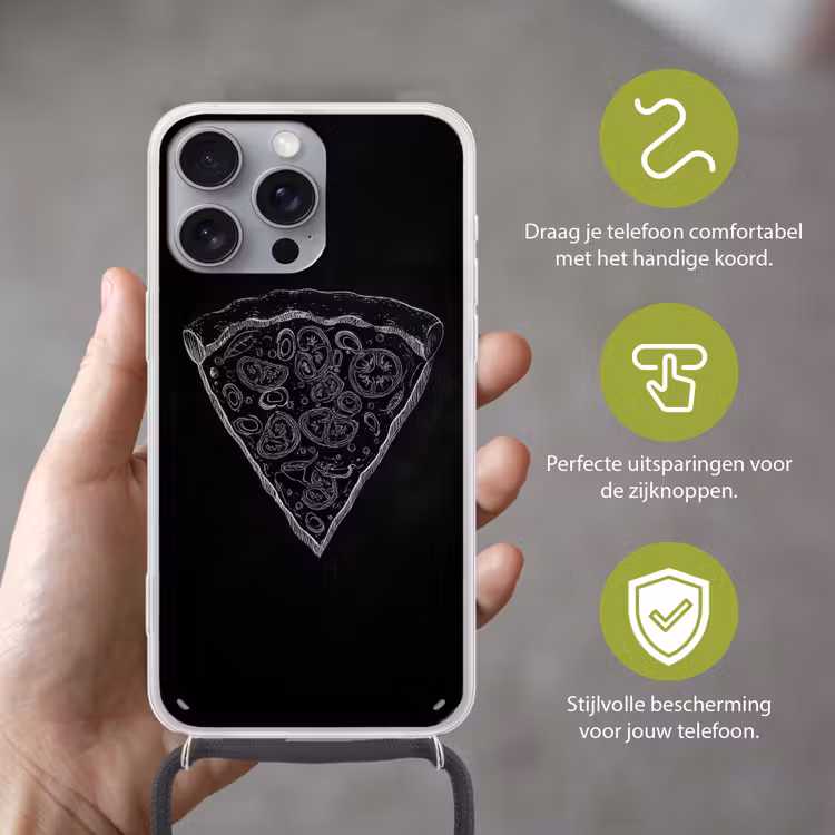 Pizzapunt - Toppings - Krijttekening Hoesje iPhone 16 Pro Max met koord klein -sfeer2_NL