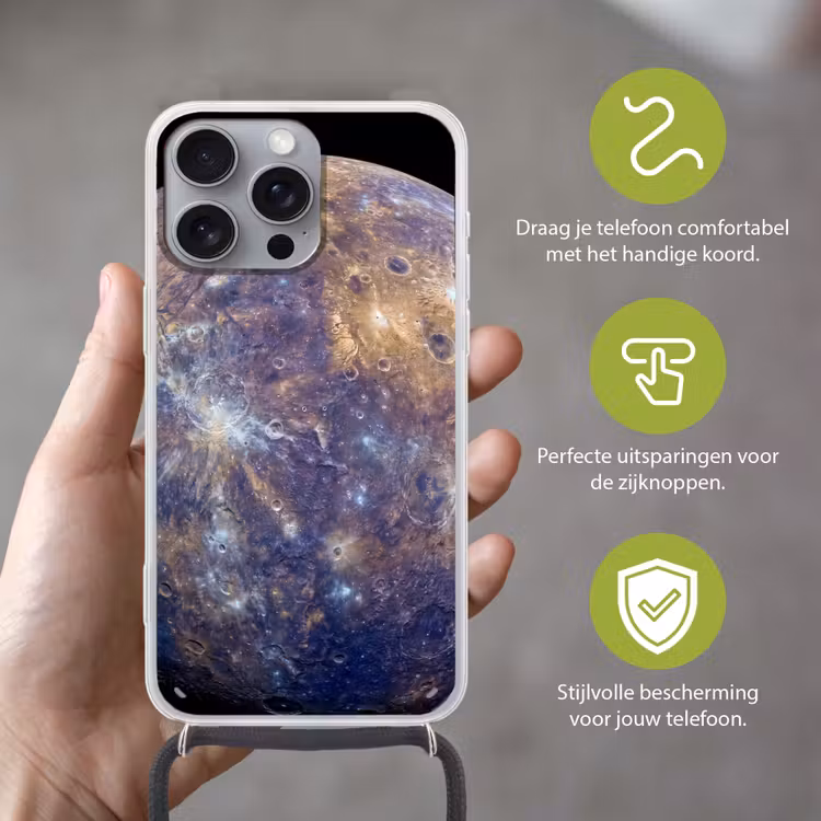 Telefoonhoesje met koord - Planeet - Kraters - Ruimte - Planeet - Kraters - Ruimte Hoesje iPhone 16 Pro Max met koord klein