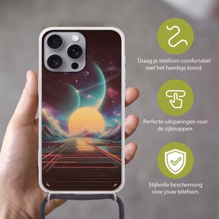 Planeten - Neon - Berglandschap - Zon Hoesje iPhone 16 Pro Max met koord klein -sfeer2_NL