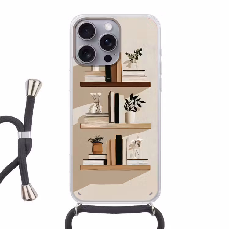 Plankjes - Boeken - Vaasjes - Planten Hoesje iPhone 16 Pro Max met koord klein -3d