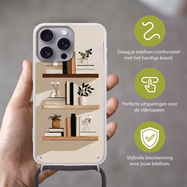 Plankjes - Boeken - Vaasjes - Planten Hoesje iPhone 16 Pro Max met koord klein -sfeer2_NL