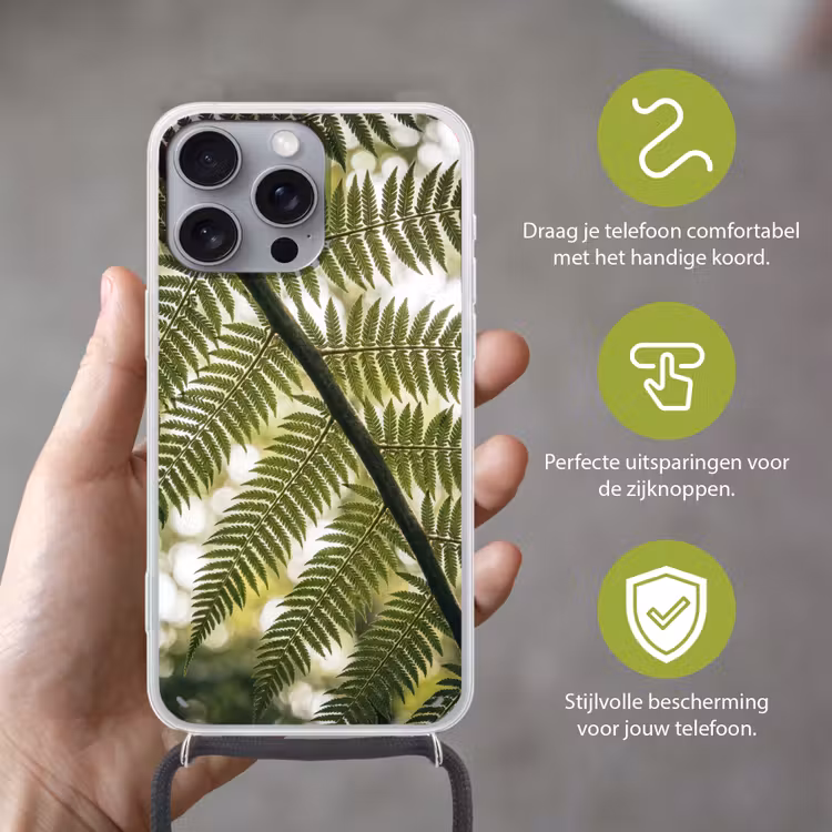 Plant - Blad - Natuur - Groen - Detail Hoesje iPhone 16 Pro Max met koord klein -sfeer2_NL
