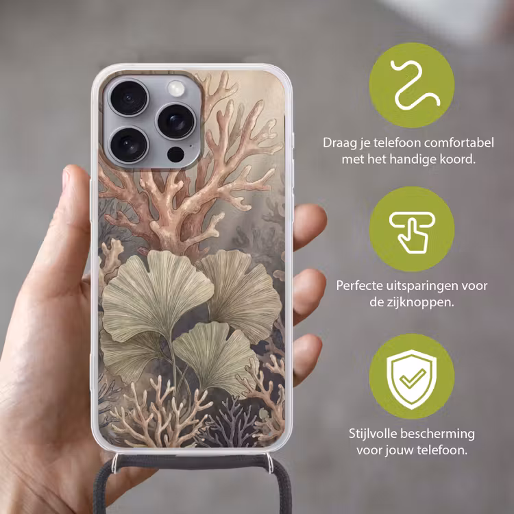 Plant - Bladeren - Zee - Illustratie - Groen Hoesje iPhone 16 Pro Max met koord klein -sfeer2_NL