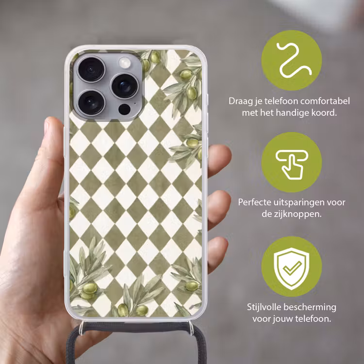 Plant - Olijftakken - Waterverf - Mediterraan - Groen Hoesje iPhone 16 Pro Max met koord klein -sfeer2_NL