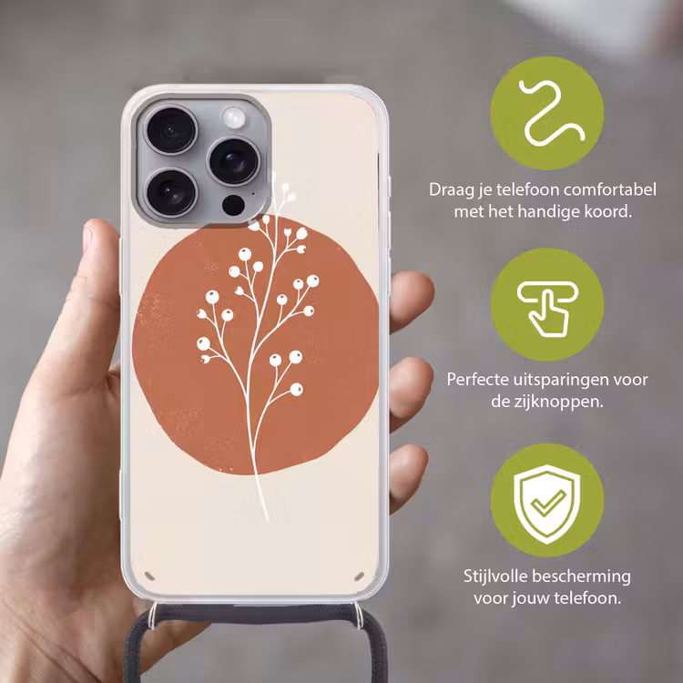 Plant - Tak - Abstract - Modern - Wit Hoesje iPhone 16 Pro Max met koord klein -sfeer2_NL