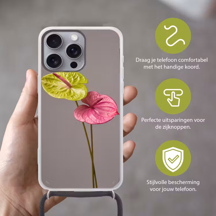 Planten - Anthurium - Groen - Roze Hoesje iPhone 16 Pro Max met koord klein -sfeer2_NL