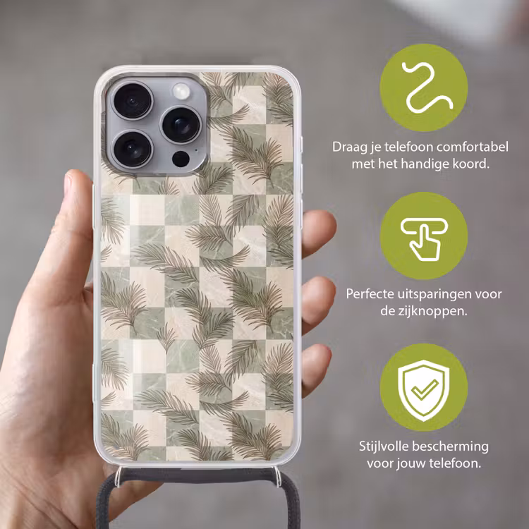 Planten - Bladeren - Marmer - Modern - Groen Hoesje iPhone 16 Pro Max met koord klein -sfeer2_NL