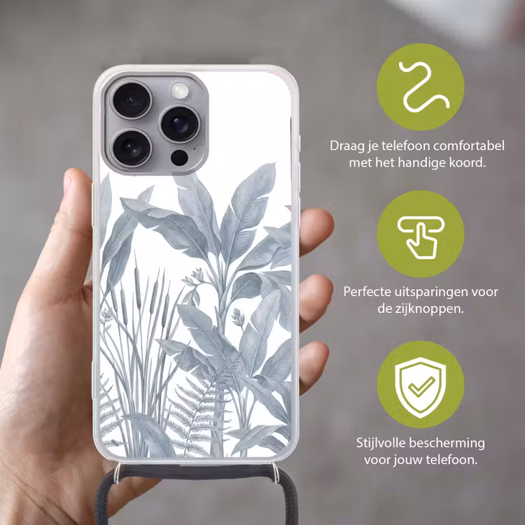 Planten - Bladeren - Natuur - Grijs Hoesje iPhone 16 Pro Max met koord klein -sfeer2_NL