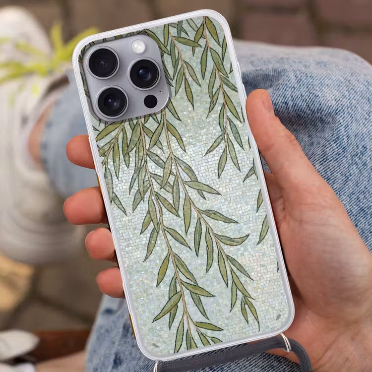 Planten - Mozaïek - Patroon - Groen - Blauw Hoesje iPhone 16 Pro Max met koord klein -sfeer3