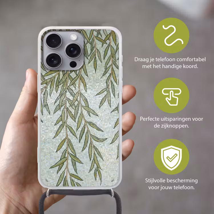 Planten - Mozaïek - Patroon - Groen - Blauw Hoesje iPhone 16 Pro Max met koord klein -sfeer2_NL