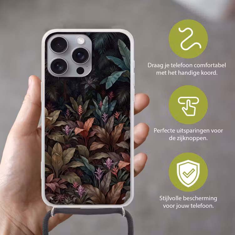 Planten - Tropisch - Jungle - Donker - Natuur Hoesje iPhone 16 Pro Max met koord klein -sfeer2_NL