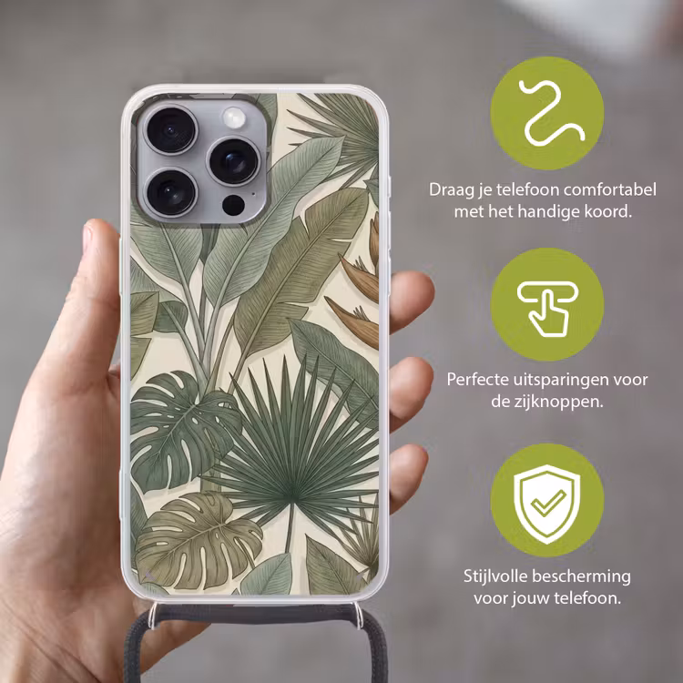 Planten - Tropisch - Natuur - Illustratie - Groen Hoesje iPhone 16 Pro Max met koord klein -sfeer2_NL