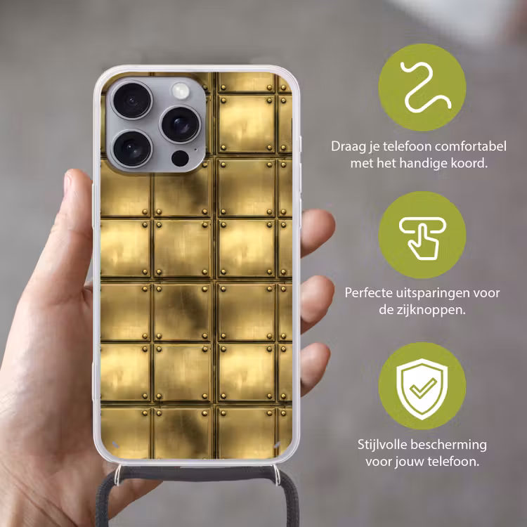 Platen - Industrieel - Stoer - Goud Hoesje iPhone 16 Pro Max met koord klein 804 -sfeer2_NL
