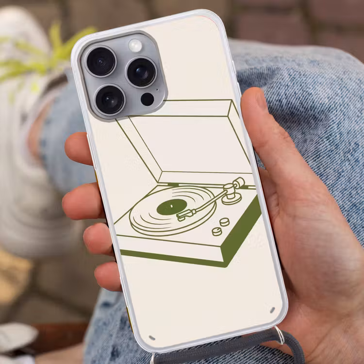 Platenspeler - Vinyl - Muziek - Minimalistisch - Groen Hoesje iPhone 16 Pro Max met koord klein -sfeer3