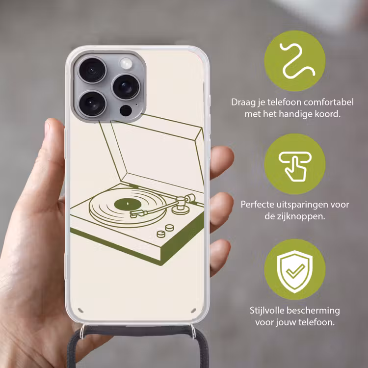 Platenspeler - Vinyl - Muziek - Minimalistisch - Groen Hoesje iPhone 16 Pro Max met koord klein -sfeer2_NL