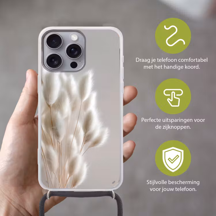 Pluimen - Beige - Minimalistisch Hoesje iPhone 16 Pro Max met koord klein -sfeer2_NL