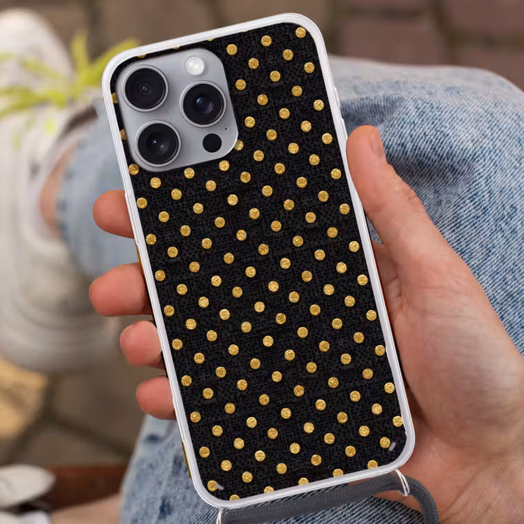Polka Dot - Stippen - Goud - Zwart Hoesje iPhone 16 Pro Max met koord klein 804 -sfeer3
