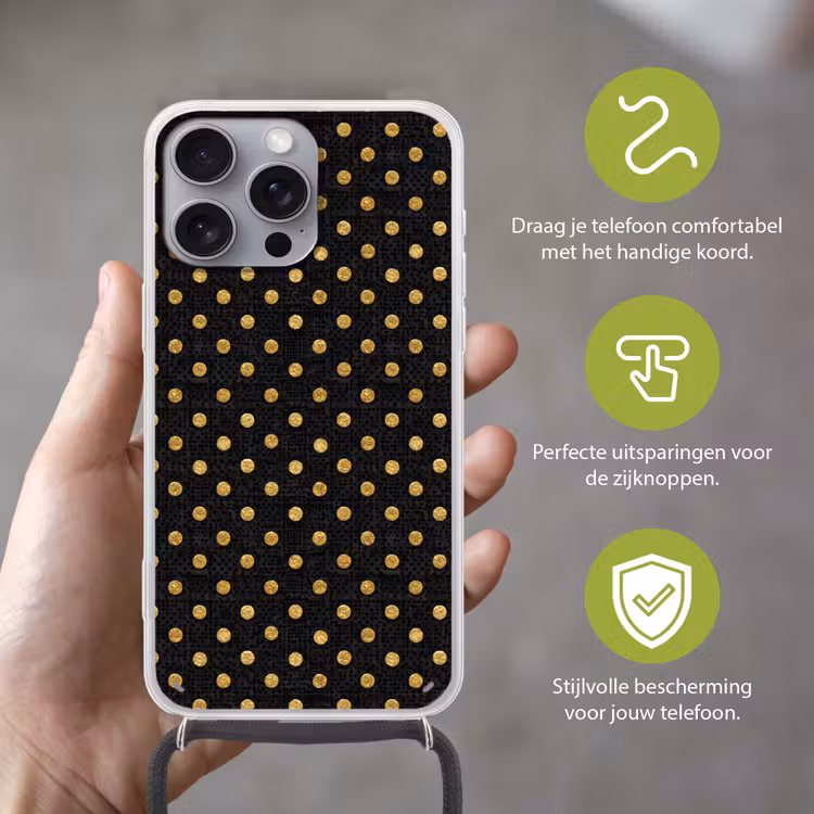 Polka Dot - Stippen - Goud - Zwart Hoesje iPhone 16 Pro Max met koord klein 804 -sfeer2_NL