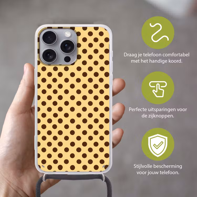 Polka Dot - Stippen - Retro - Geel - Bruin Hoesje iPhone 16 Pro Max met koord klein 804 -sfeer2_NL
