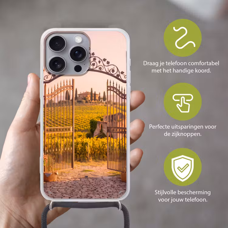 Poort - Landschap - Platteland - Zonlicht - Warm Hoesje iPhone 16 Pro Max met koord klein -sfeer2_NL