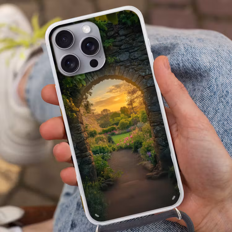 Poort - Planten - Zonsondergang Hoesje iPhone 16 Pro Max met koord klein -sfeer3