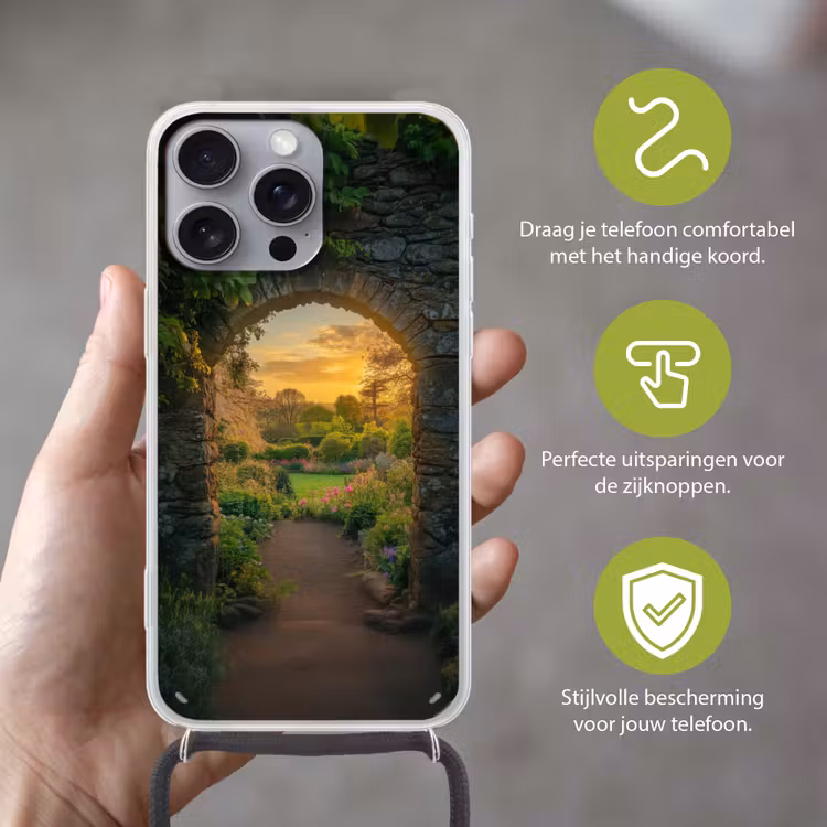 Poort - Planten - Zonsondergang Hoesje iPhone 16 Pro Max met koord klein -sfeer2_NL