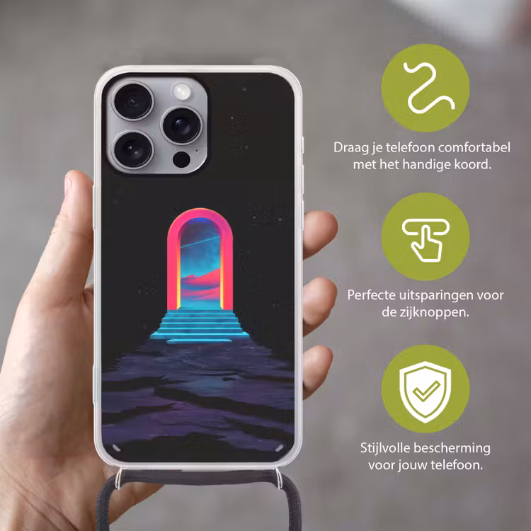 Poortje - Landschap - Sterrenhemel - Roze Hoesje iPhone 16 Pro Max met koord klein -sfeer2_NL