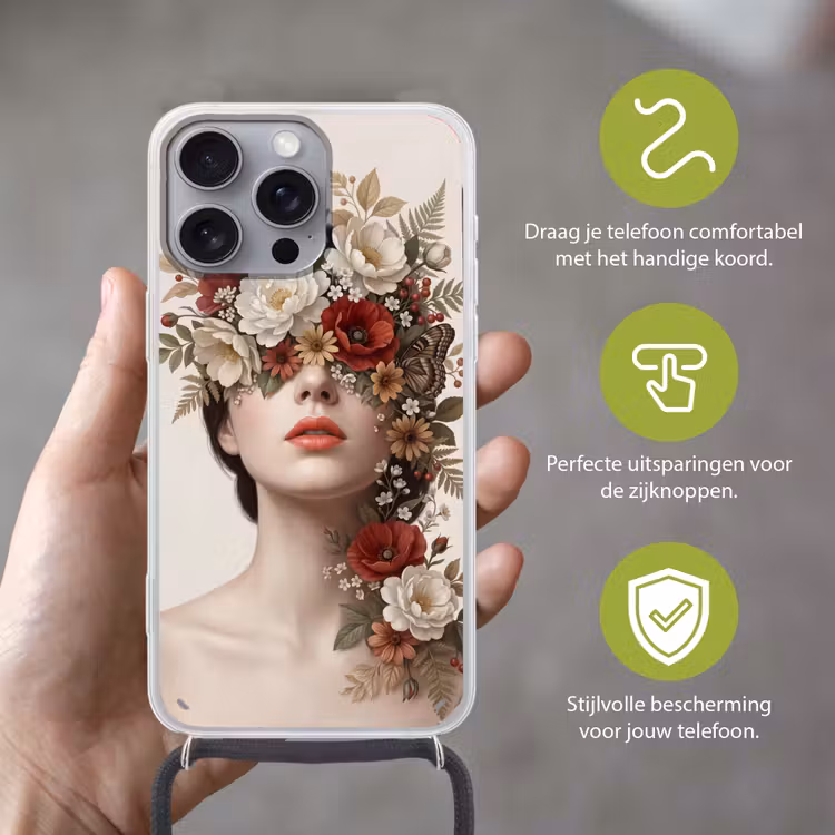 Portret - Bloemen - Cremé Hoesje iPhone 16 Pro Max met koord klein -sfeer2_NL