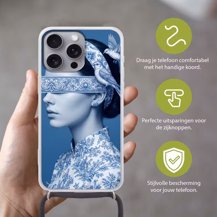 Portret - Klassiek - Wit - Blauw Hoesje iPhone 16 Pro Max met koord klein -sfeer2_NL