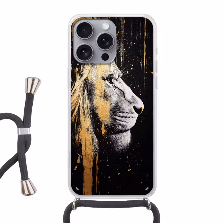 Portret - Leeuw - Abstract - Goud Hoesje iPhone 16 Pro Max met koord klein -3d