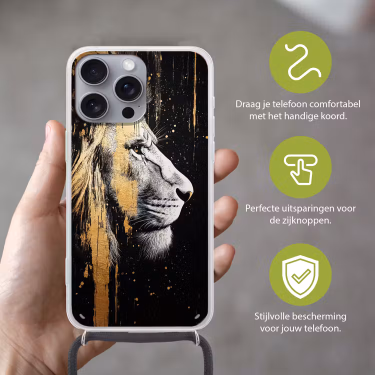 Portret - Leeuw - Abstract - Goud Hoesje iPhone 16 Pro Max met koord klein -sfeer2_NL