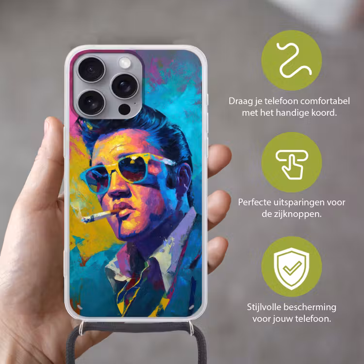 Portret - Sigaret - Kleurrijk - Bril Hoesje iPhone 16 Pro Max met koord klein -sfeer2_NL