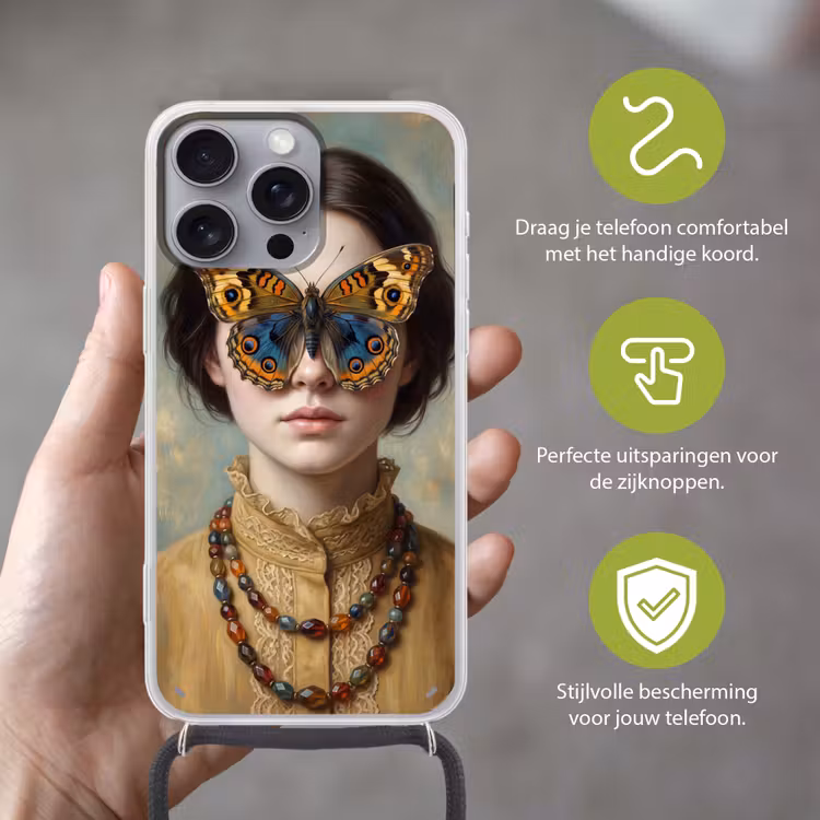 Portret - Vlinder - Kleurrijk Hoesje iPhone 16 Pro Max met koord klein -sfeer2_NL