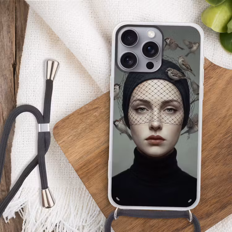 Portret - Vogels - Zwart Hoesje iPhone 16 Pro Max met koord klein -sfeer4
