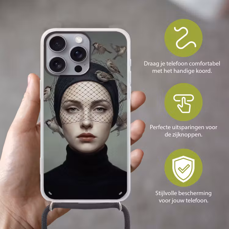 Portret - Vogels - Zwart Hoesje iPhone 16 Pro Max met koord klein -sfeer2_NL
