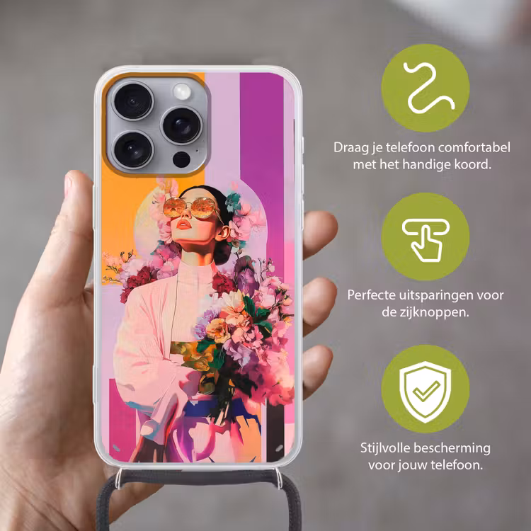 Portret - Vrouw - Abstract - Bloemen Hoesje iPhone 16 Pro Max met koord klein -sfeer2_NL