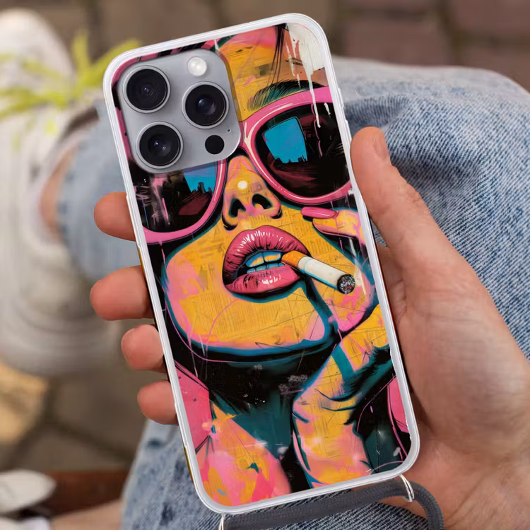 Portret - Vrouw - Abstract - Zonnebril Hoesje iPhone 16 Pro Max met koord klein -sfeer3