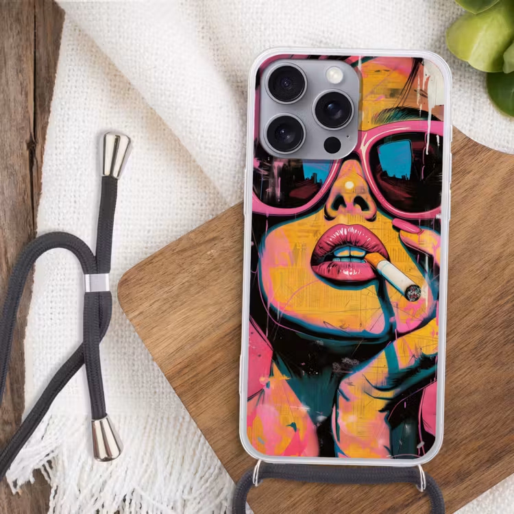 Portret - Vrouw - Abstract - Zonnebril Hoesje iPhone 16 Pro Max met koord klein -sfeer4