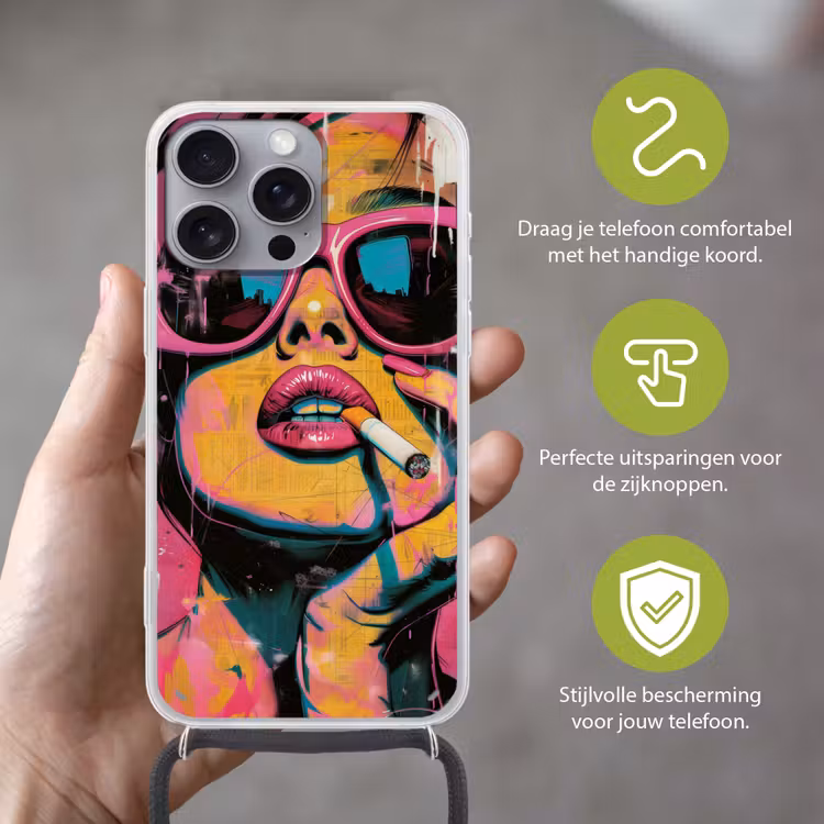 Portret - Vrouw - Abstract - Zonnebril Hoesje iPhone 16 Pro Max met koord klein -sfeer2_NL