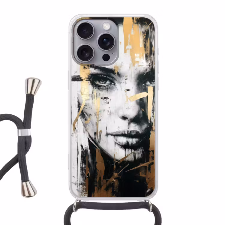 Portret - Vrouw - Penseelstreken - Goud Hoesje iPhone 16 Pro Max met koord klein -3d