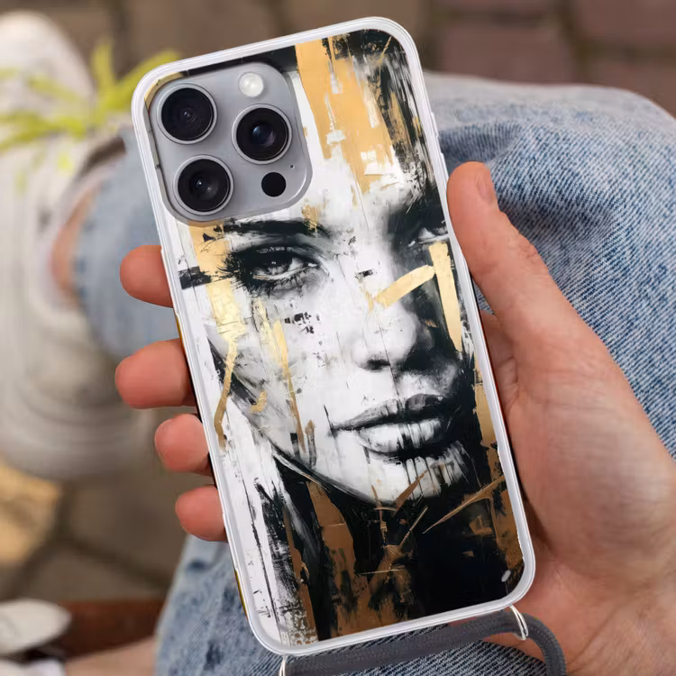 Portret - Vrouw - Penseelstreken - Goud Hoesje iPhone 16 Pro Max met koord klein -sfeer3