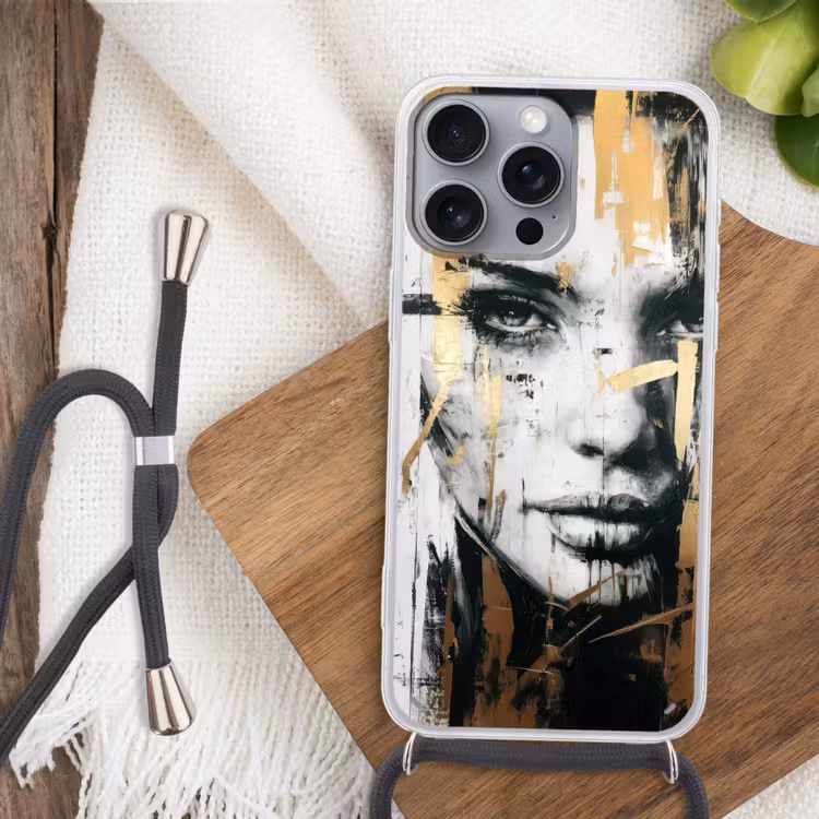 Portret - Vrouw - Penseelstreken - Goud Hoesje iPhone 16 Pro Max met koord klein -sfeer4