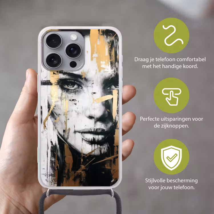Portret - Vrouw - Penseelstreken - Goud Hoesje iPhone 16 Pro Max met koord klein -sfeer2_NL