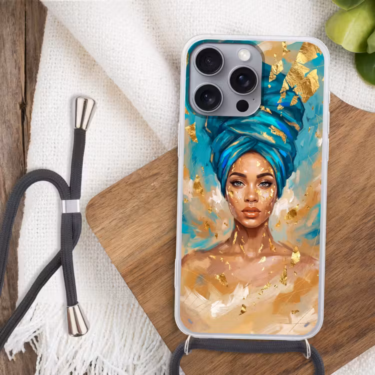 Portret - Vrouw - Schilderij - Blauw - Goud - Expressief Hoesje iPhone 16 Pro Max met koord klein -sfeer4