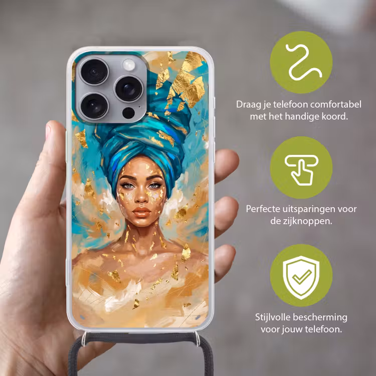 Portret - Vrouw - Schilderij - Blauw - Goud - Expressief Hoesje iPhone 16 Pro Max met koord klein -sfeer2_NL