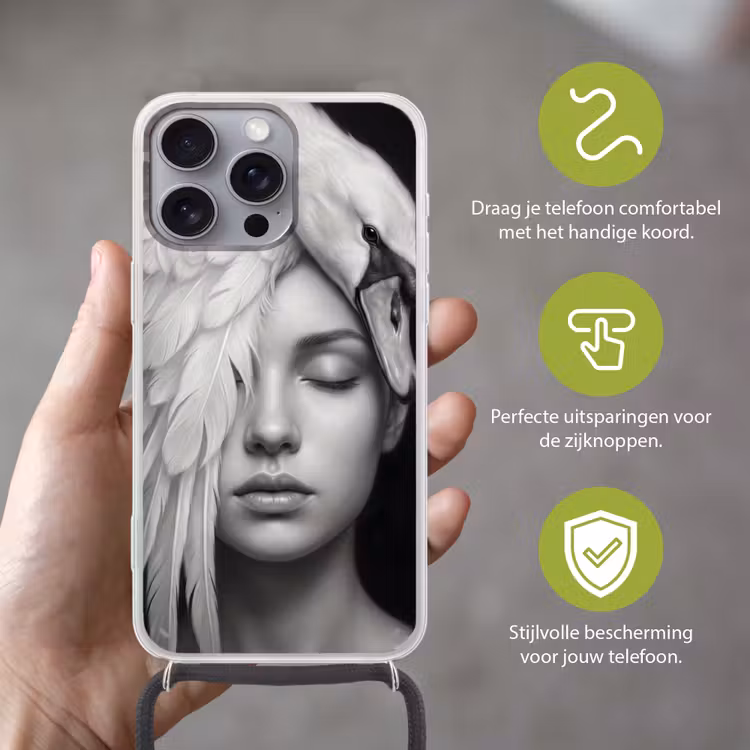 Portret - Zwaan - Zwart - Wit Hoesje iPhone 16 Pro Max met koord klein -sfeer2_NL