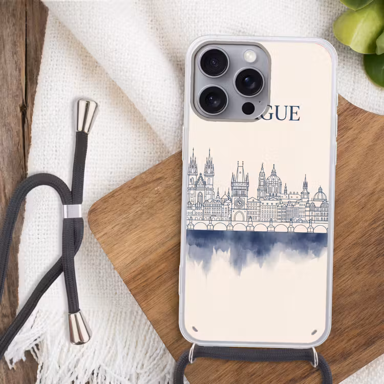 Praag - Skyline - Architectuur - Blauw Hoesje iPhone 16 Pro Max met koord klein -sfeer4
