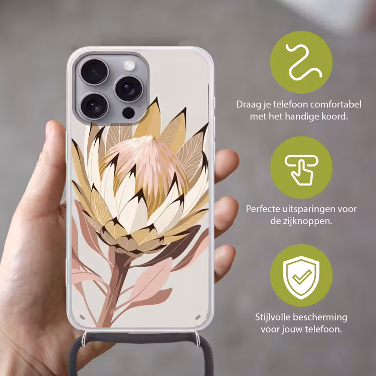 Protea - Bloem - Botanisch - Beige Hoesje iPhone 16 Pro Max met koord klein -sfeer2_NL