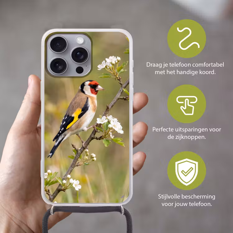Putter - Bloesem - Lente - Natuur - Kleurrijk Hoesje iPhone 16 Pro Max met koord klein -sfeer2_NL