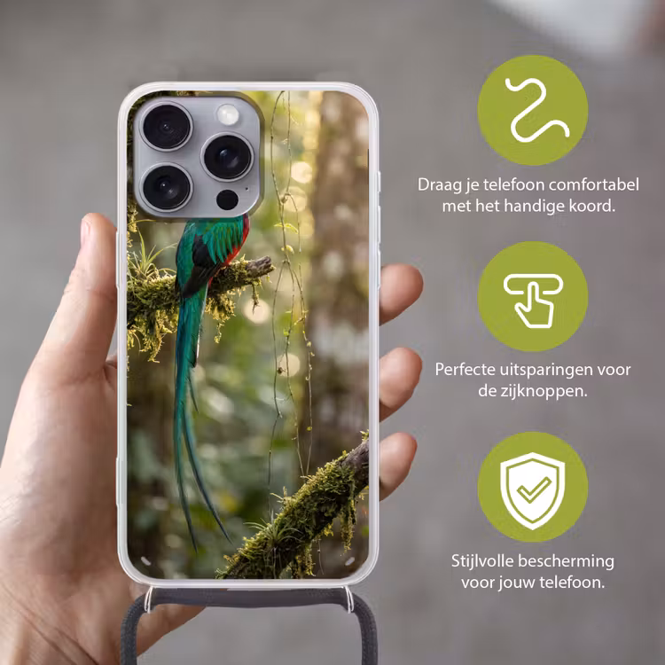 Quetzal - Jungle - Natuur - Groen Hoesje iPhone 16 Pro Max met koord klein -sfeer2_NL